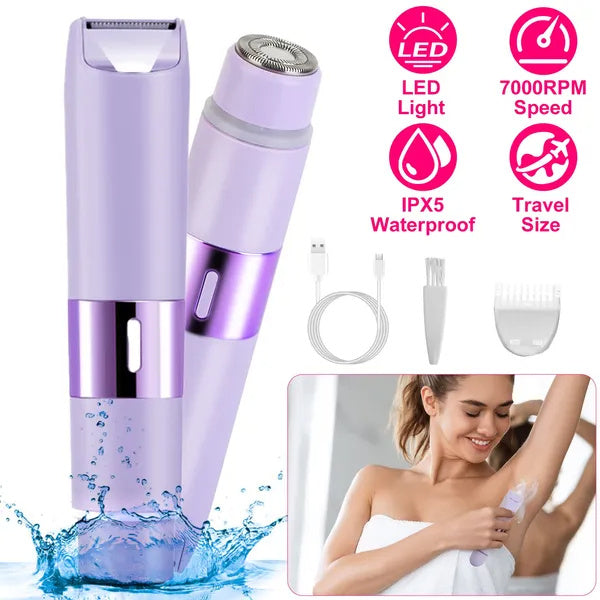 2 In 1 Bikini Trimmer For Women Dual Head Cordless Body Shaver IPX5 Waterproof Rechargeable Pubic Hair Razor Wet And Dry Use For Bikini Underarm Leg Arm Body Face