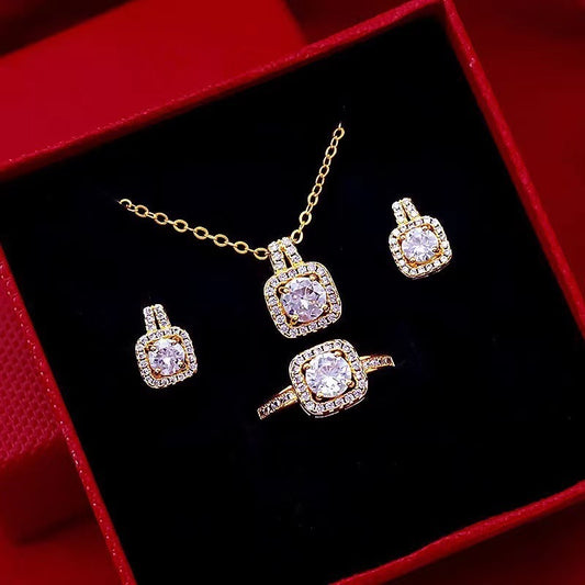 Fashion Jewelry Set Zircon Gem Pendant Chain Choker Necklace For Women Gold Color Stud Earring and Ring