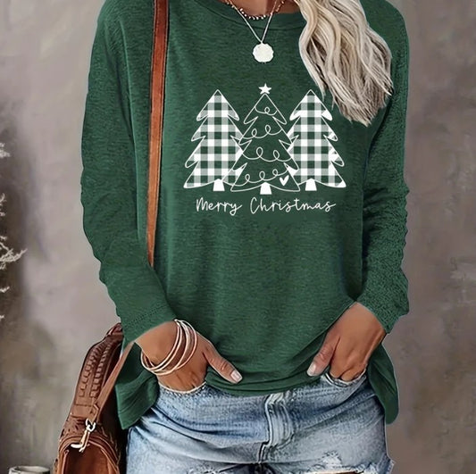 Festive Christmas Tree Print Long Sleeve Top for Women