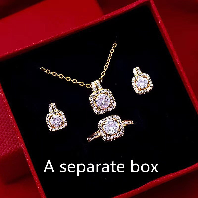 Fashion Jewelry Set Zircon Gem Pendant Chain Choker Necklace For Women Gold Color Stud Earring and Ring