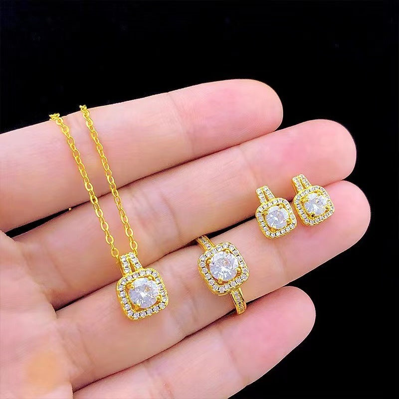 Fashion Jewelry Set Zircon Gem Pendant Chain Choker Necklace For Women Gold Color Stud Earring and Ring