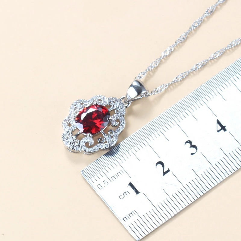 Garnet Cubic Zirconia Earrings Pendant Necklace Bracelet Ring Gift 4 PCs Set