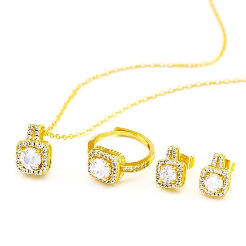 Fashion Jewelry Set Zircon Gem Pendant Chain Choker Necklace For Women Gold Color Stud Earring and Ring